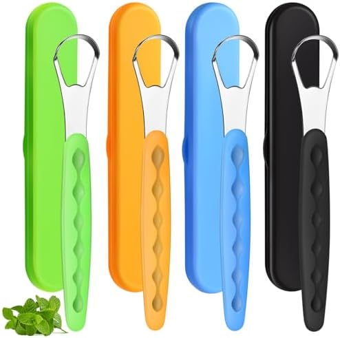 4 Pcs Tongue Scraper Cleaner Adults and Kids Stainless Steel Tongue Brush Metal Tongue Scraper Reduce Bad Breath with Travel Cases for Men Women Oral Mouth, Orange, Black, Green and Blue Yinkin