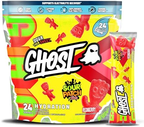 GHOST Hydration Packets, Sour Patch Kids Blue Raspberry, 24 Sticks, Electrolyte Powder - Drink Mix Supplement with Magnesium, Potassium, Calcium, Vitamin C - Vegan, Free of Soy, Sugar & Gluten GHOST