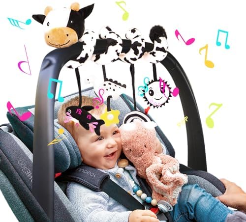 Stuffed Spiral Car Seat Toys, 0-6 Months Giraffe Stroller Activity Baby Infant Carseat Toys Hanging Including Dinosaur Rattles| Sun Mirror| Rainbow Cloud| Dolphin Bibi, Babies Gifts Stuffed