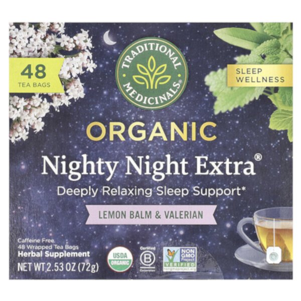 Nighty Night Extra®, Organic Lemon Balm & Valerian, Caffeine Free, 48 Wrapped Tea Bags (Чайные пакетики), 2.53 oz (Унции) (72 g) Traditional Medicinals