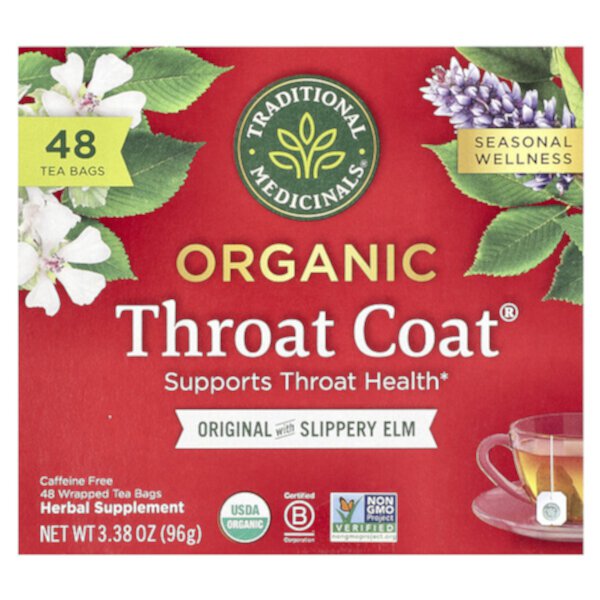 Чай для горла Organic Throat Coat®, со вкусом сливы, без кофеина, 48 пакетиков по 96 г Traditional Medicinals