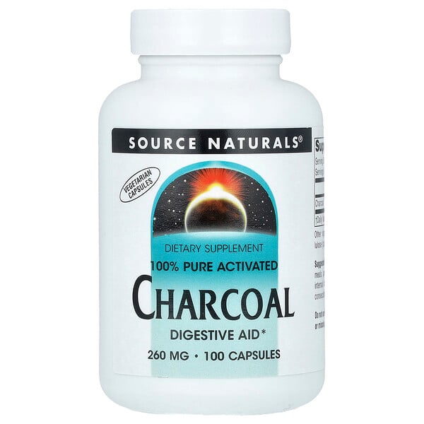 100% Pure Activated Charcoal, 520 mg, 100 Capsules (Капсулы) (260 mg Per Capsule) Source Naturals