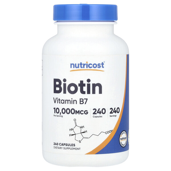 Biotin, 10,000 mcg, 240 Capsules (Капсулы) Nutricost