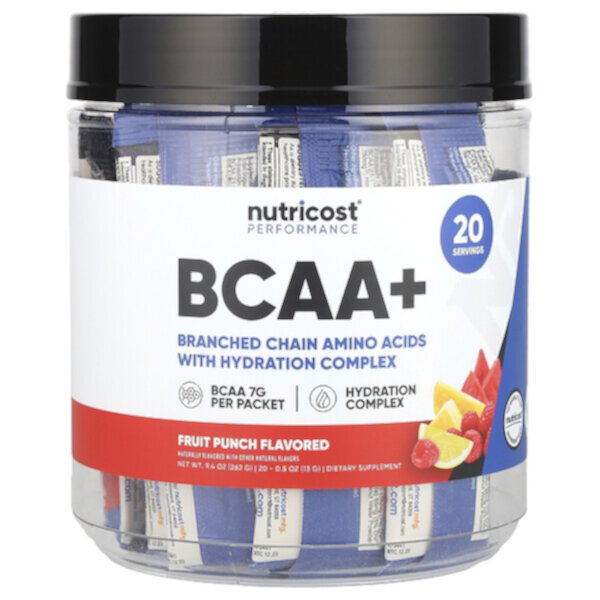 Аминокислоты BCAA+ с комплексом для гидратации, 20 саше по 13 г (7 г BCAA в каждом саше) Nutricost