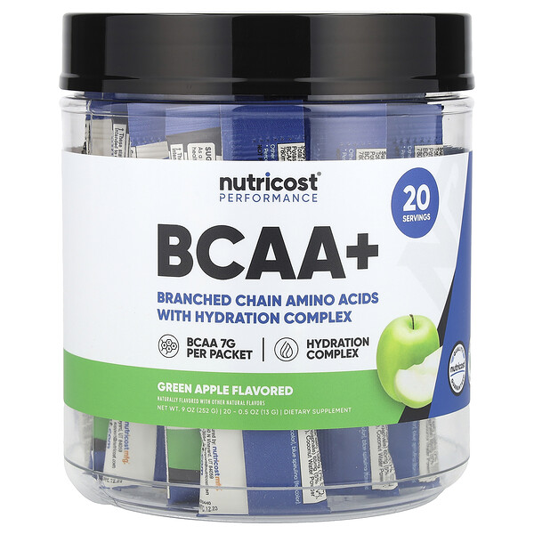 Performance, BCAA+, Green Apple, 20 Packets (Пакеты ), 0.5 oz (Унции) (13 g) Each Nutricost