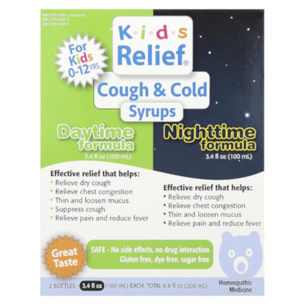 Kids Relief®, Cough & Cold Syrups, Daytime & Nighttime Formula, 0-12 Yrs, 2 Bottles, 3.4 fl oz (Жидкие унции) (100 ml) Each Homeolab USA