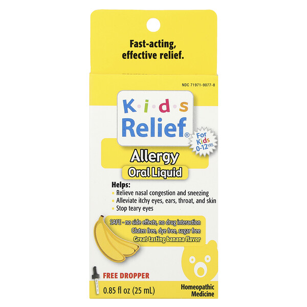 Kids Relief®, Allergy Oral Liquid (Жидкость), 0-12 Yrs, Banana, 0.85 fl oz (Жидкие унции) (25 ml) Homeolab USA