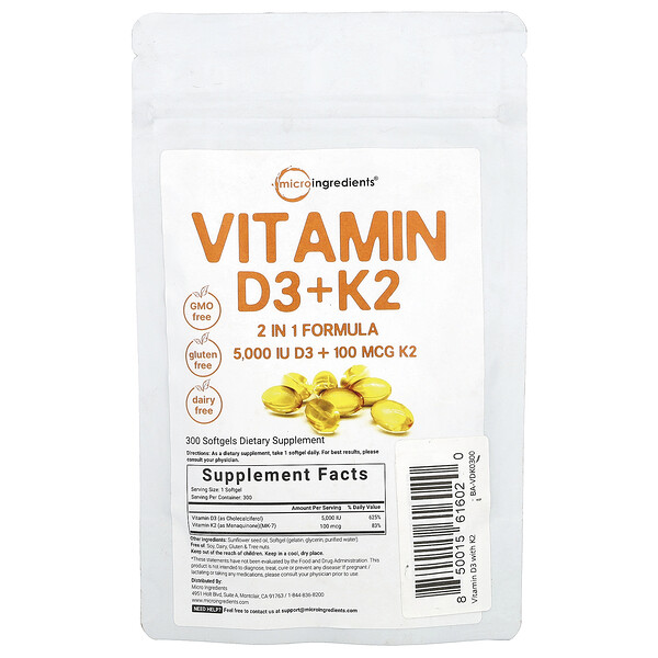 Vitamin D3 + K2, 300 Softgels (Мягкие капсулы) Micro Ingredients