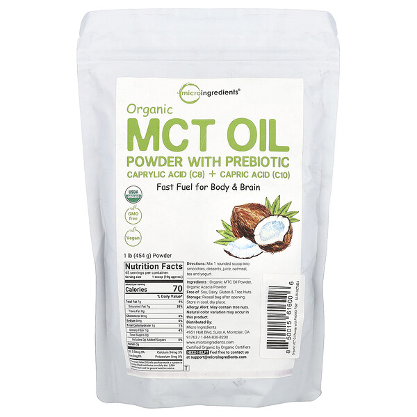 Organic MCT Oil Powder (Порошок) With Prebiotic, 1 lb (Фунты) (454 g) Micro Ingredients