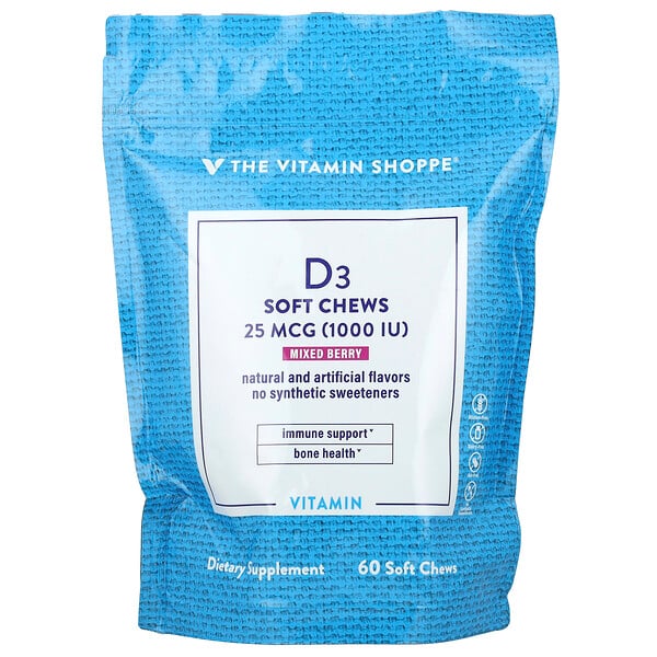 Vitamin D3, Mixed Berry , 25 mcg (1,000 IU) , 60 Soft Chews (Мягкие жевательные конфеты) The Vitamin Shoppe