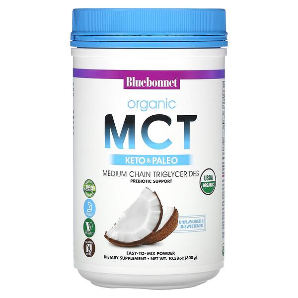 Organic MCT Powder (Порошок), Unflavored (Без вкуса), 10.58 oz (Унции) (300 g) Bluebonnet Nutrition