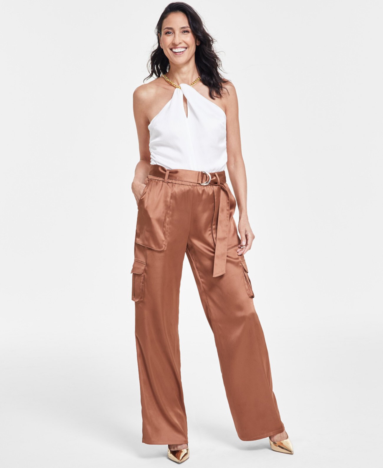 Women's High-Rise Belted Satin Cargo Pants, Created for Macy's I.N.C. International Concepts