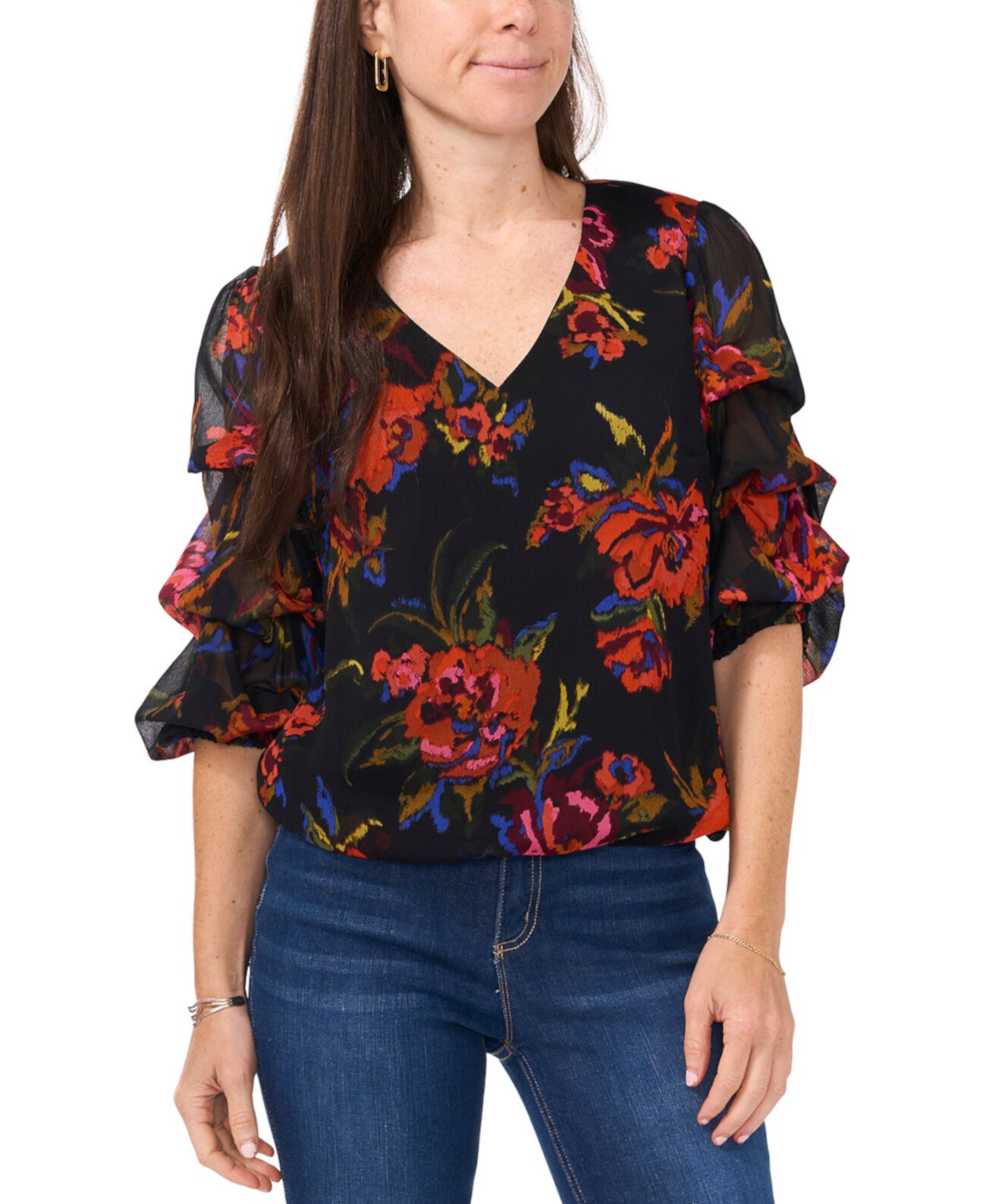 Женская Блузка Sam & Jess Petite V-Neck Floral-Print Gathered-Sleeve Top Sam & Jess