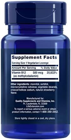 Life Extension Vitamin B12 Methylcobalamin, Nerve Health Supplement, Cognitive Support, Energy Vitamin, methylcobalamin B12, 5 mg, Quick-Dissolving, Gluten-Free, Non-GMO, Vegetarian, 60 lozenges Life Extension