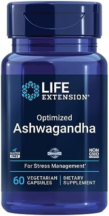 Life Extension Optimized Ashwagandha - Stress management supplement for a healthy stress response, focus, memory, stress relief - vegetarian, gluten-free, non-GMO, 60 capsules Life Extension