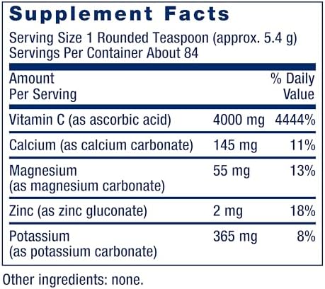 Life Extension Buffered Vitamin C Powder, Buffering Minerals, Calcium, Magnesium, Potassium & zinc, for Sensitive stomachs, Gluten Free, Non-GMO, Vegetarian, 454 Grams, About 84 Servings Life Extension