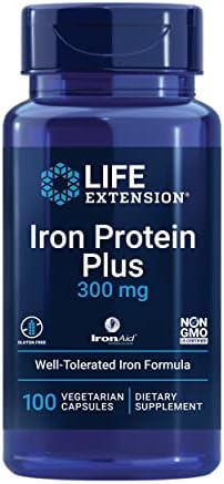 Life Extension Iron Protein Plus, iron protein succinylate, absorbable iron supplement for whole-body health, non-GMO, gluten-free, vegetarian, 100 capsules Life Extension