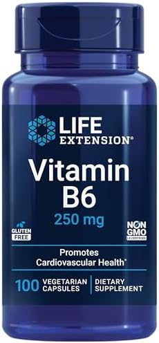 Life Extension Vitamin B6, 250 mg, high Potency, Cardiovascular Health, neurological Health, Eye Health, Healthy Kidney Function, Gluten-Free, Non-GMO, Vegetarian, 100 Capsules (Капсулы) Life Extension