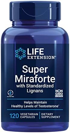 Life Extension Super Miraforte with Standardized Lignans, chrysin, nettle root, muira puama, maca, zinc, focused formula for testosterone benefits, vegetarian, gluten-free, non-GMO, 120 capsules Life Extension