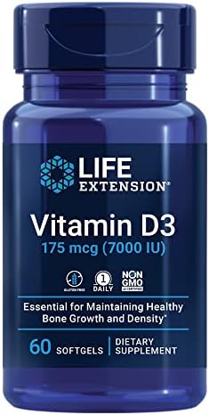 Life Extension Vitamin D3 175 mcg (7000 IU), immune system support, bone health, brain performance, gluten-free, non-GMO, once daily, two-month supply, 60 softgels Life Extension