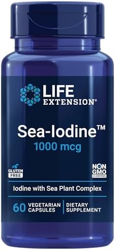 Life Extension Sea-Iodine™, kelp and bladderwrack-derived iodine, supports healthy levels of this essential nutrient for thyroid health and beyond, non-GMO, gluten-free, vegetarian, 60 capsules Life Extension