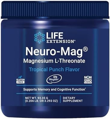 Life Extension Neuro-Mag Magnesium L-Threonate Powder (Порошок) (Tropical Punch) - Ultra-Absorbable - Supports Memory, Focus, Cognitive Function & Mood - Gluten No, Non-GMO, Vegetarian (30 Servings (Порции)) Life Extension