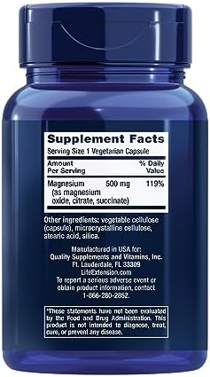 Life Extension Magnesium Caps, 500 mg, magnesium oxide, citrate, succinate, heart health, healthy bones, metabolism support, 100 vegetarian capsules Life Extension