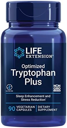 Life Extension Optimized Tryptophan Plus 1000mg - L-Tryptophan Supplement with Niacin and L-Lysine for Healthy Sleep & Stress Response – Gluten-Free, Non-GMO, Vegetarian - 90 Capsules (Капсулы) Life Extension