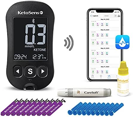 KetoSens Blood Ketone Monitoring Starter Kit with Bluetooth - Ideal for Keto Diet. Includes Meter, 10 Ketone Test Strips, 1 Control Solution Vial, 1 Lancing Device, 10 Lancets & Travel Case KetoSens