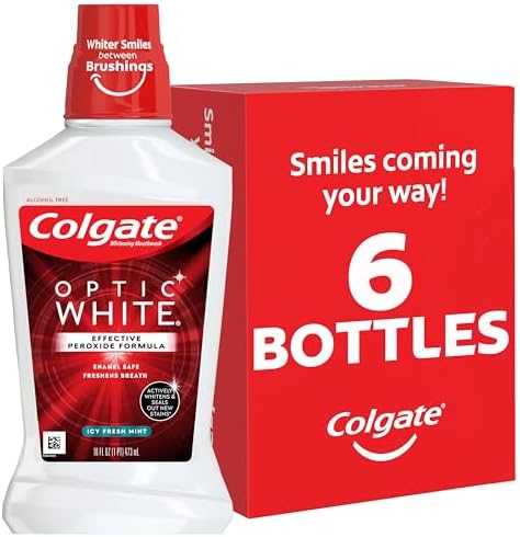 Colgate Optic White Whitening Mouthwash with Hydrogen Peroxide, Alcohol Free, Icy Fresh Mint - 16 fluid ounces (6 Pack) Colgate