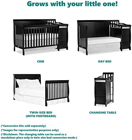 Dream On Me Casco 3-In-1 Mini Crib And Changing Table In Black, Convertible Crib, Made Of Pinewood, Three Position Adjustable Mattress Height Settings Dream On Me