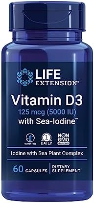 Life Extension Vitamin D3 125 mcg (5000 IU) with Sea-Iodine For Bone, Brain & Thyroid Support – Gluten-Free, Once Daily, Non-GMO – 60 Capsules (Капсулы) Life Extension