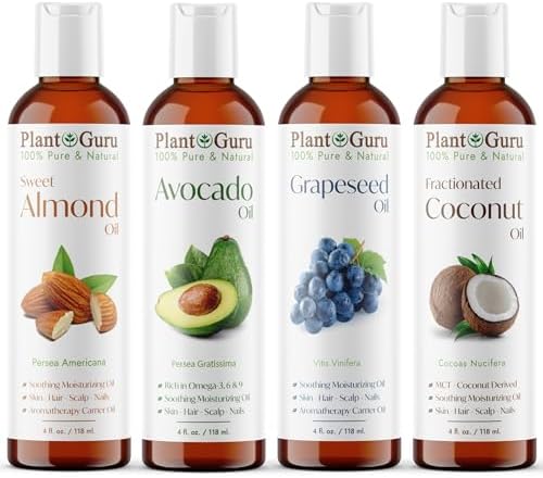 Carrier Oil Variety Set 4 oz. Cold Pressed 100% Pure Natural Sweet Almond, Avocado, Coconut Fractionated, Grapeseed. for Aromatherapy Essential Oils, Skin & Hair Growth, Moisturizer, Body Massage. Plant Guru