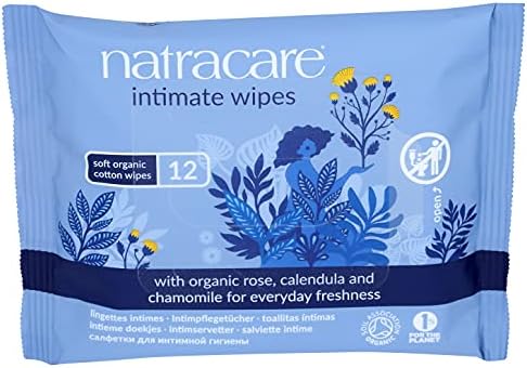 Natracare Organic Cotton Intimate Wipes Infused with Organic Essential Oils of Chamomile, Calendula and French Rose, 12 Wipes per pack (1 Pack, 12 wipes total) Natracare