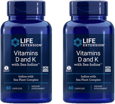 Life Extension Vitamins D and K with Sea-Iodine, vitamin D3, vitamin K1 and K2, iodine, supports immune, bone, arterial and thyroid health, non-GMO, gluten-free, 60 capsules Life Extension