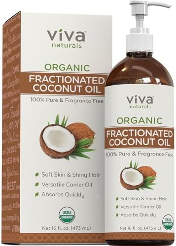 Viva Naturals Organic Fractionated Coconut Oil - Skin & Hair Moisturizer, Relaxing Massage and Body Oil, Carrier Oil for Essential Oils Mixing, Pure Non-Greasy Coconut Oil for Skin and Hair, 16 fl oz Viva Naturals