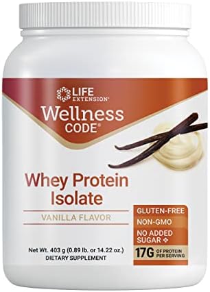 Life Extension Wellness Code® Whey Protein Isolate (Vanilla), Protein and branched-Chain Amino acids for Muscle Growth & Immune Health, no Sugar Added, Gluten Free, Non-GMO, 403 Grams (20 Servings (Порции)) Life Extension