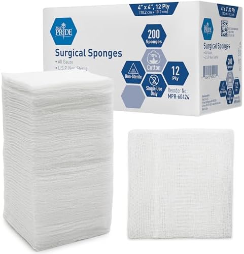 MED PRIDE 4”x 4” Gauze, 200 Surgical Sponges 12-ply Extra Absorbent | All-Gauze, Non-Sterile| Great for Wound Dressing, Prepping, Scrubbing & Cleaning| Essential First-Aid Med Pride