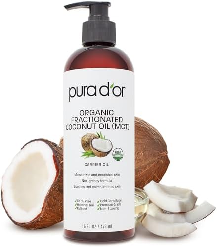 PURA D'OR 16 Oz ORGANIC Fractionated Coconut Oil - MCT Oil - 100% Pure & Natural USDA Certified Cold Pressed Carrier Oil - Unscented, Hexane Free Moisturizer For Face, Skin & Hair Tonic - Men & Women PURA D'OR