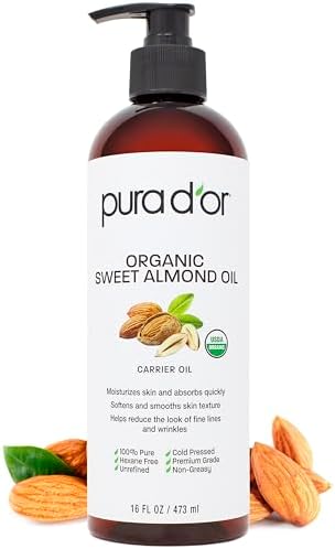 PURA D'OR 16 Oz ORGANIC Sweet Almond Oil - 100% Pure & Natural USDA Certified Cold Pressed Carrier Oil For DIY Beauty - Non-Greasy, Unscented, Hexane Free Moisturizer - Massage Oil For Hair & Skin PURA D'OR