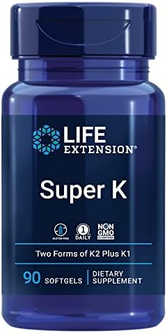 Life Extension Super K, vitamin K1, vitamin K2 mk-7, vitamin K2 mk-4, vitamin C, bone/heart/arterial health, 3-month supply, Gluten-Free, 1 Daily, Non-GMO, 90 softgels Life Extension