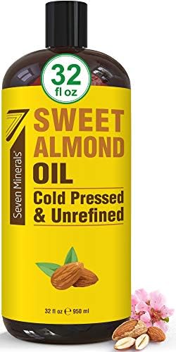 Seven Minerals, Pure Cold Pressed Sweet Almond Oil - Big 32 fl oz Bottle - Unrefined &100% Natural - For Skin & Hair, with No Added Ingredients - Perfect Carrier Oil for Essential Oils Seven Minerals