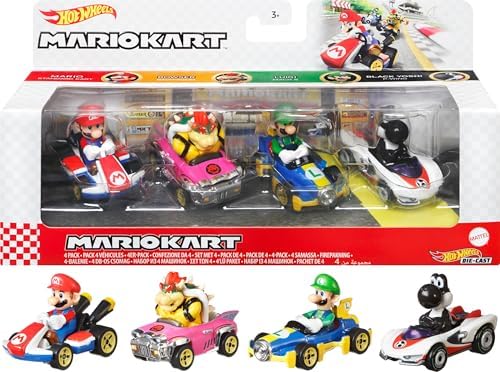 Игрушечный транспорт Hot Wheels Mario Kart Персонажи и Картинки в виде Литейных Игрушечных Машин, 4-Pack Hot Wheels