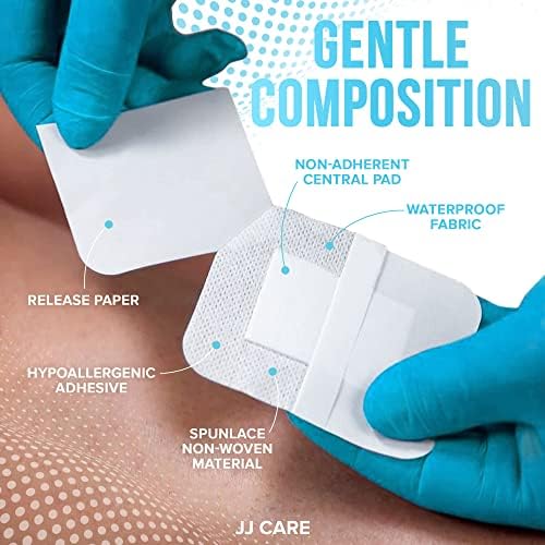 JJ CARE Waterproof Adhesive Island Dressing [Pack of 25], 4" x 10" Sterile Island Wound Dressing, Breathable Bordered Gauze Dressing, Individually Wrapped Latex Free Bandages, Non-Stick Central Pad JJ CARE