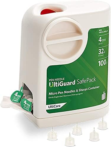 All-in-One UltiGuard Safe Pack Pen Needles and Sharps Container for at-Home Insulin Injections and Safe Needle Disposal, Size: Mini 4mm (5/32”) x 32G, 100 Count UltiGuard