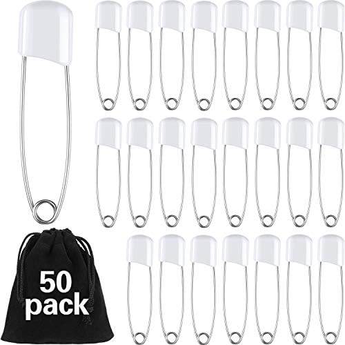 50 Pieces Diaper Pins Baby Safety Pins 2.2 Inch Plastic Head Cloth Diaper Pins with Locking Closures Stainless Steel Nappy Pins with Velvet Bag (White) WILLBOND