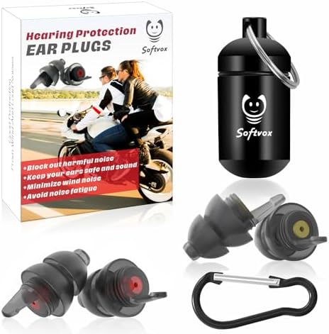 Motorcycle Ear Plugs 2 Pairs, Wind Noise Reduction & Premium Hearing Protection, 100X Reusable Earplugs for Motor, Motorbike, Motorsports, Parachuting, Touring, Racing, Riding, Shooting Black softvox