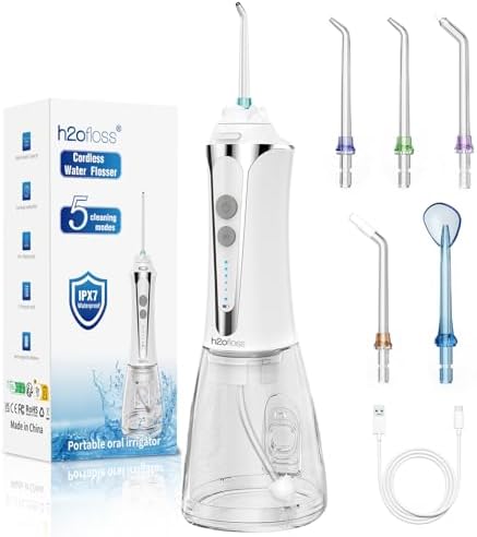 H2ofloss Water Dental Flosser Cordless, 300ML Rechargeable Oral Irrigator for Teeth Cleaning, Portable & IPX7 Waterproof Teeth Cleaner Pick for Braces Home Travel H2ofloss