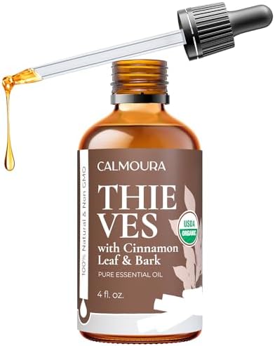 Calmoura Organic Thieves Oil Essential Oil — USDA Certified Therapeutic Grade — (4 oz | 118 ml) — Based on The Tale of Four Thieves — Oil Blend of Clove, Cinnamon, Rosemary Oil, Lemon and Eucalyptus Calmoura