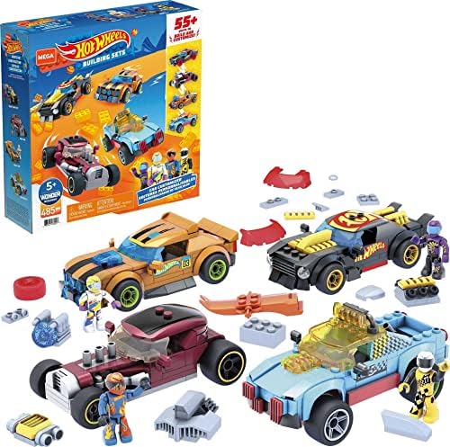 Mega Hot Wheels Race Car Building Toys, Car Customizer Includes Rally Cat, Dawgzilla, Night Shifter, Mod Rod and 4 Micro Action Figure Drivers Mega